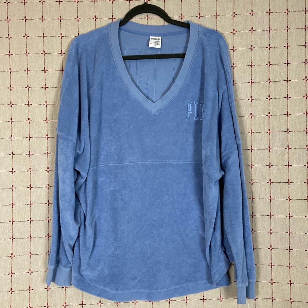 VS PINK Varsity Terry V-Neck Pullover Oversized Sweatshirt XL Green & Blue Set - Picture 5 of 7